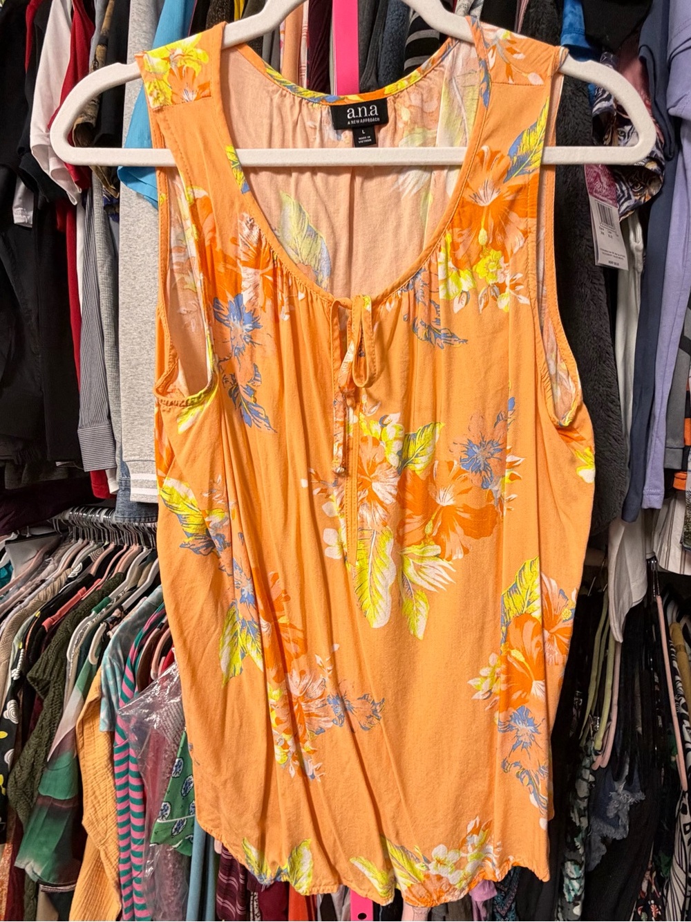 ana women’s size large sleeveless tank top blouse cantaloupe orange floral shirt